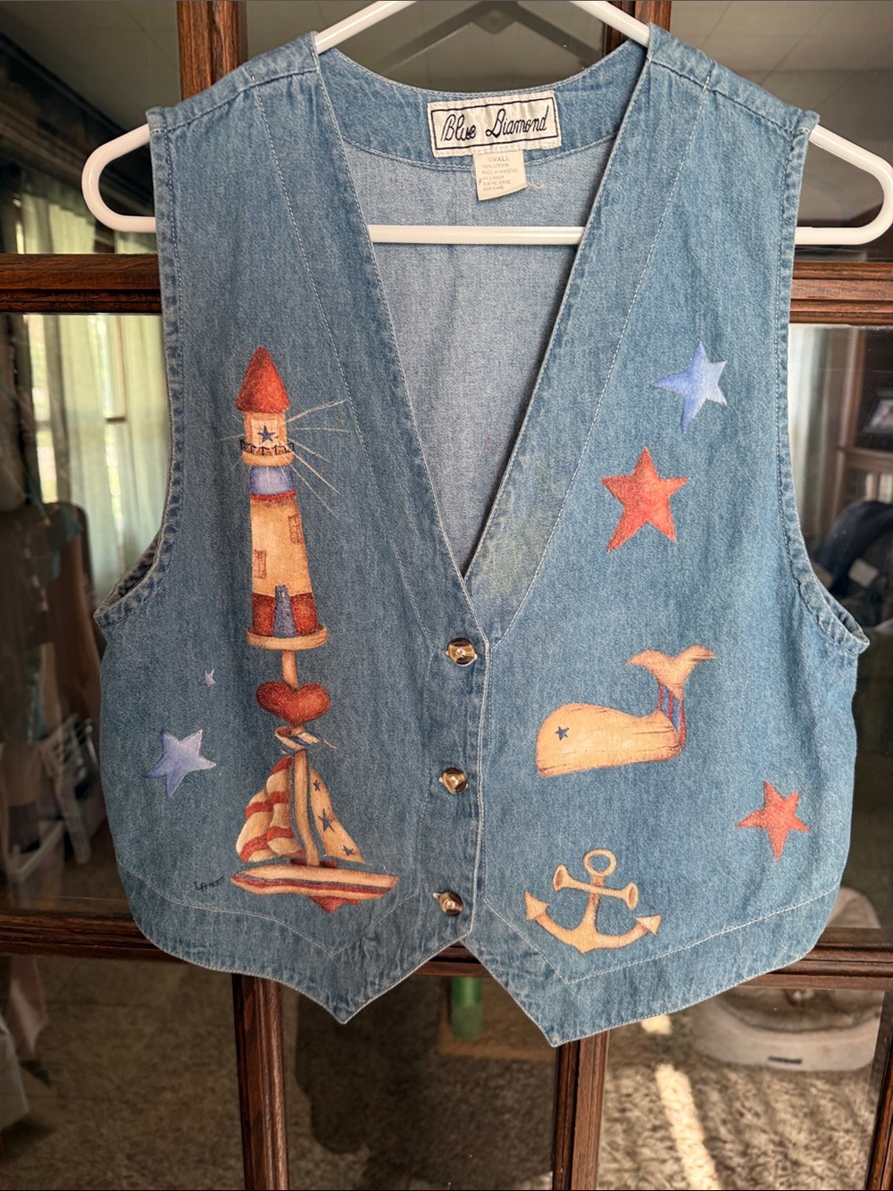 Vintage Blue Diamond Hand Painted Nautical Denim Vest Lighthouse Whale Small